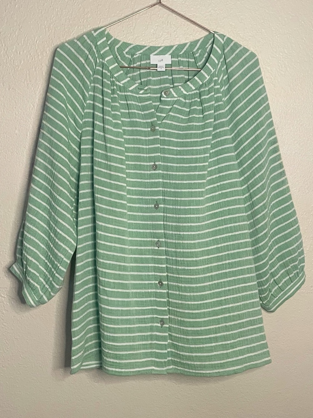 J.Jill Green Striped Cotton Button Front Top M